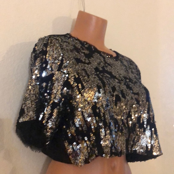 FURY Black Semi Sheer Silver Sequin Crop Top - Picture 2 of 8